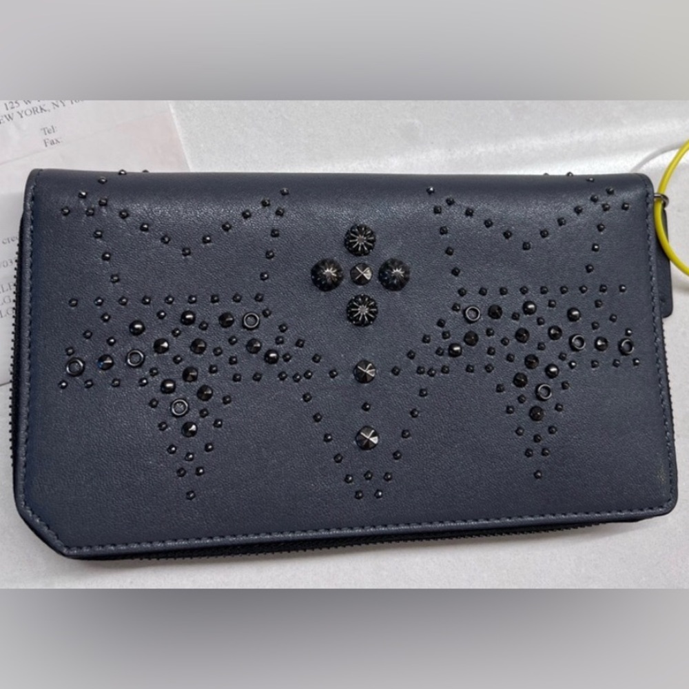 Jimmy Choo Dark Gray Leather Zippy Long Wallet With Beaded/Studded Star pattern